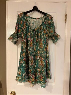 NATURAL LIFE Teal Floral Peasant Dress with Pink & Yellow Accents
